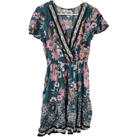 Maurices Teal Floral Flutter Sleeve V Neck Mini Dress Work School Casual Pockets - Picture 11 of 11
